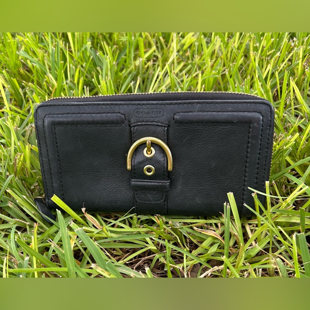 Coach Black Leather Zip Around Wallet with Gold Accent